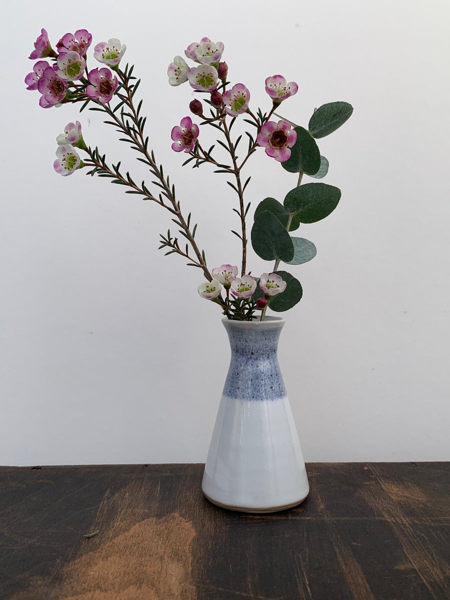 Small Bud Vase, White Flask Shaped with blue decoration 