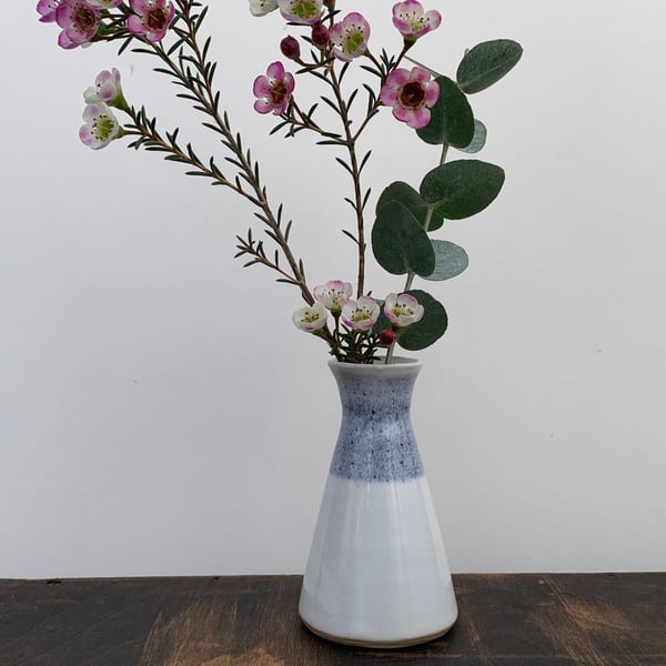 Small Bud Vase, White Flask Shaped with blue decoration 