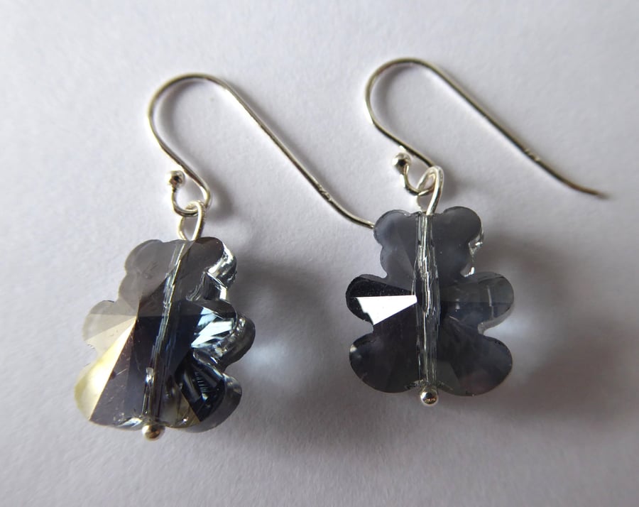 Sterling Silver & Crystal Glass Teddy Bear Earrings Grey