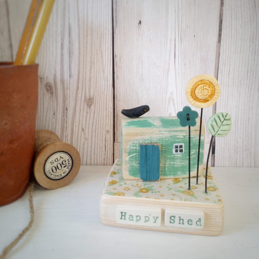 Garden Shed with Flower and Blackbird 'Happy Shed'