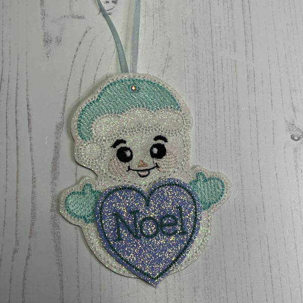 Hanging Christmas Ornament - White Glitter Snowman and ‘Noel’ Heart - PB9