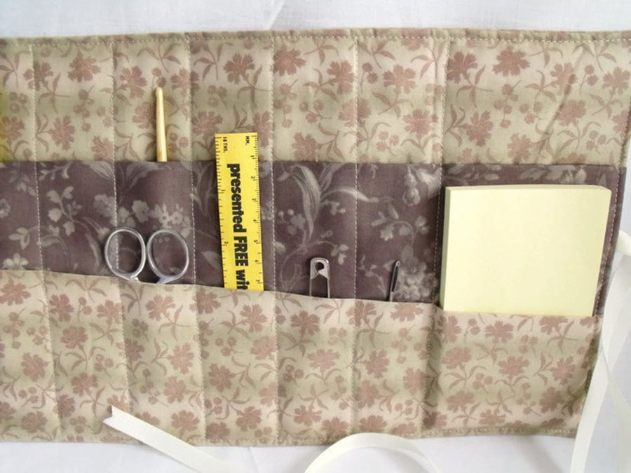 quilted crochet hook storage tool roll, brown floral fabric