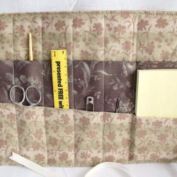 quilted crochet hook storage tool roll, brown floral fabric