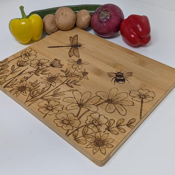 Wooden chopping board,  pyrography wildflowers and nature design, kitchen gift