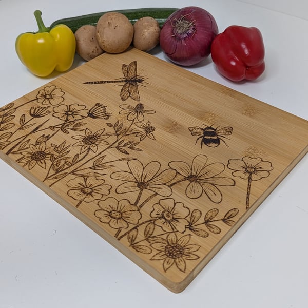 Wooden chopping board,  pyrography wildflowers and nature design, kitchen gift