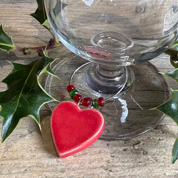 Wine glass Christmas charm - glossy red heart