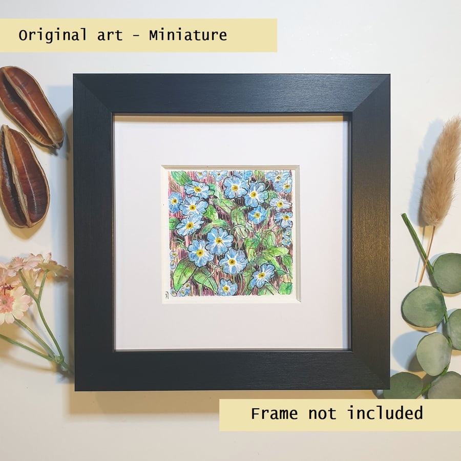 Forget me not flowers, original art miniature, tiny artwork