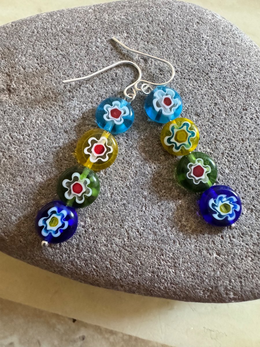 Handmade millefiori glass bead earrings 