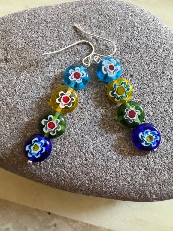 Handmade millefiori glass bead earrings 