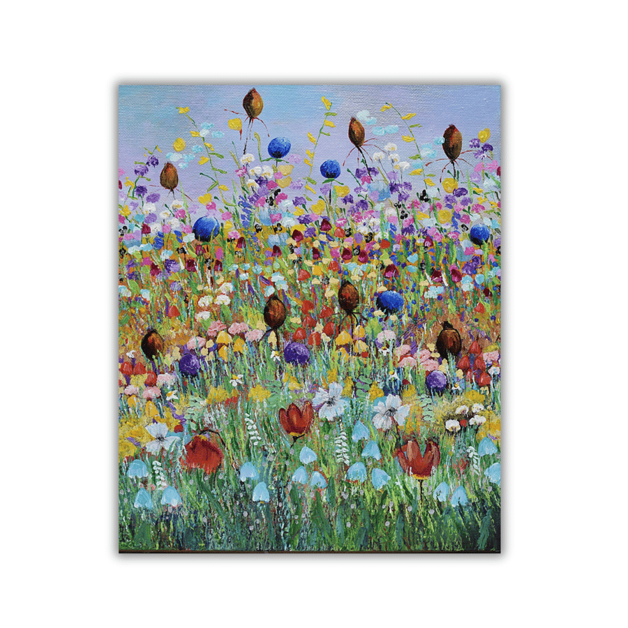 A framed original, acrylic painting - colourful wildflowers - Scottish landscape