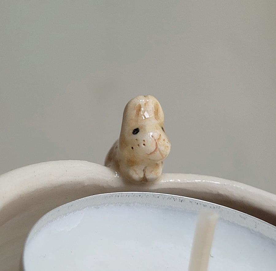 Ceramic tealight wth beige bunny and paw prints,  rabbit candle holder