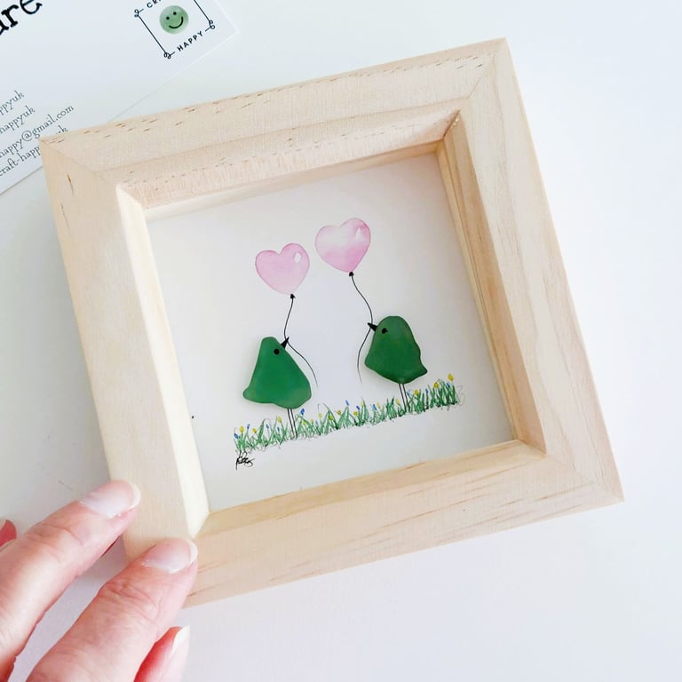 Sea Glass Balloon Birds Picture - framed sea glass artwork, gift for couples