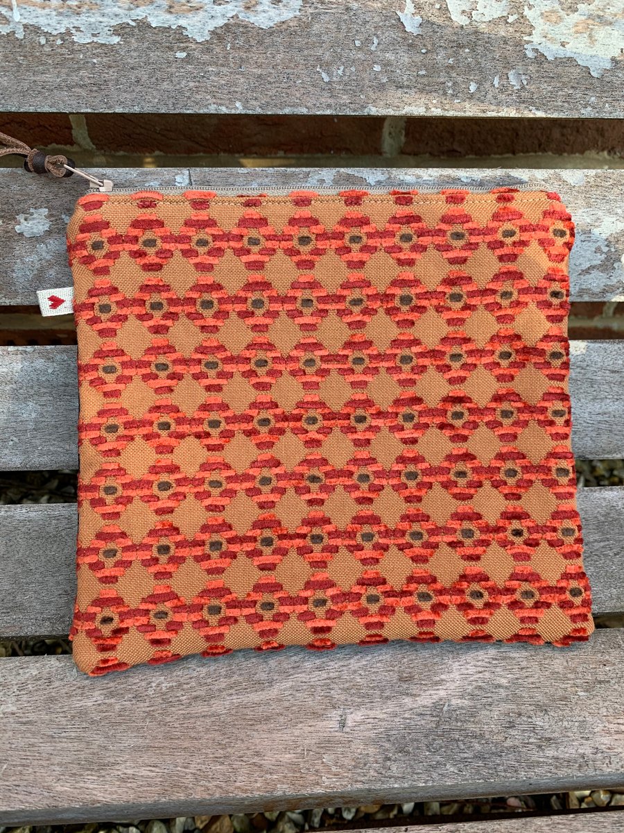 Chenille and denim zip pouch