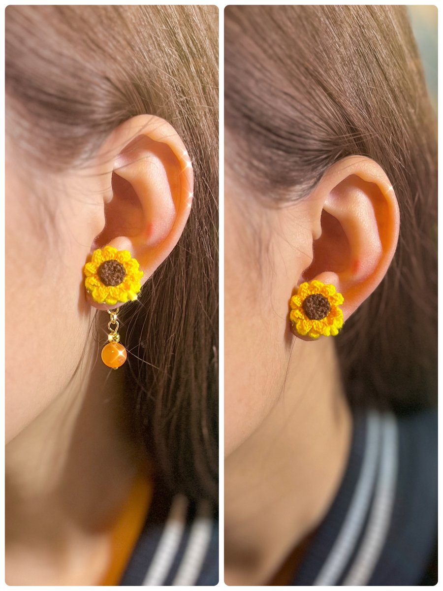 Microcrochet Sunflower Orange Carnelian Ear Jacket Stud Earrings 