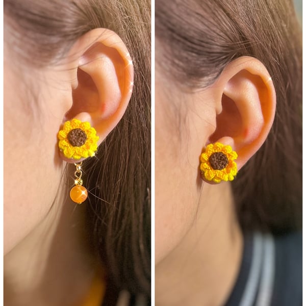 Microcrochet Sunflower Orange Carnelian Ear Jacket Stud Earrings 