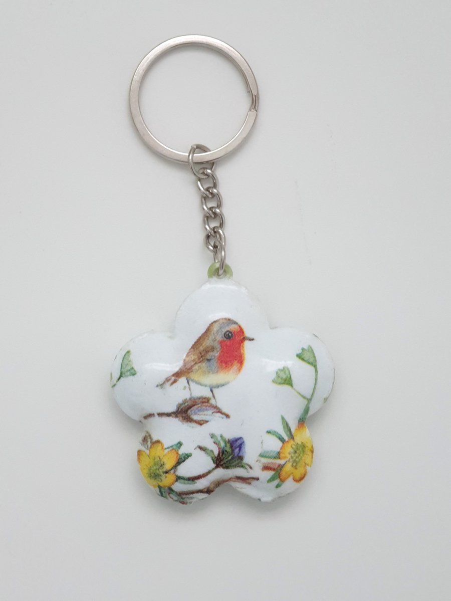 Robin keyring, decoupaged bird lover gift 
