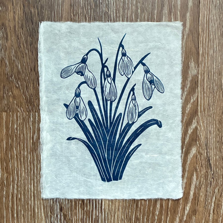 PERFECTLY IMPERFECT Snowdrops Original Lino Print in Navy Blue