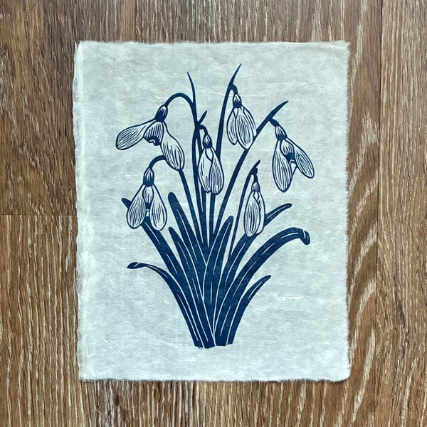 PERFECTLY IMPERFECT Snowdrops Original Lino Print in Navy Blue