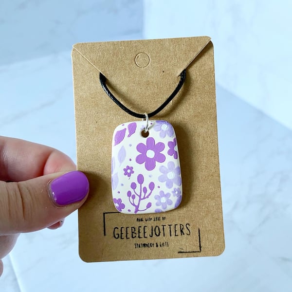Purple Floral Painted Ceramic Pendant Necklace