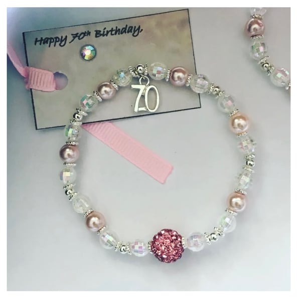 70th milestone ladies shamballa and ab crystal beaded bracelet 