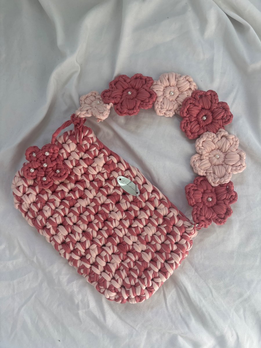 Handmade Crochet Shoulder Bag - Two Toned Pink - Floral Flower Strap 
