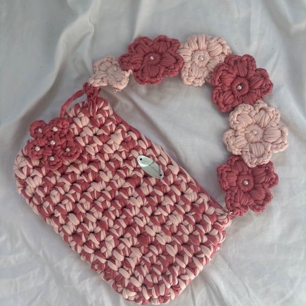 Handmade Crochet Shoulder Bag - Two Toned Pink - Floral Flower Strap 