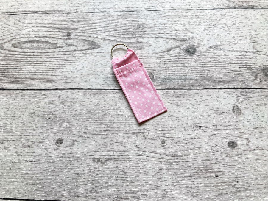 Lip balm cotton fabric keyring. Pink and white polka dot.