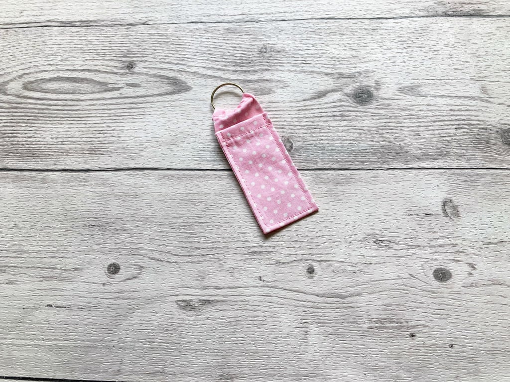 Lip balm cotton fabric keyring. Pink and white polka dot.