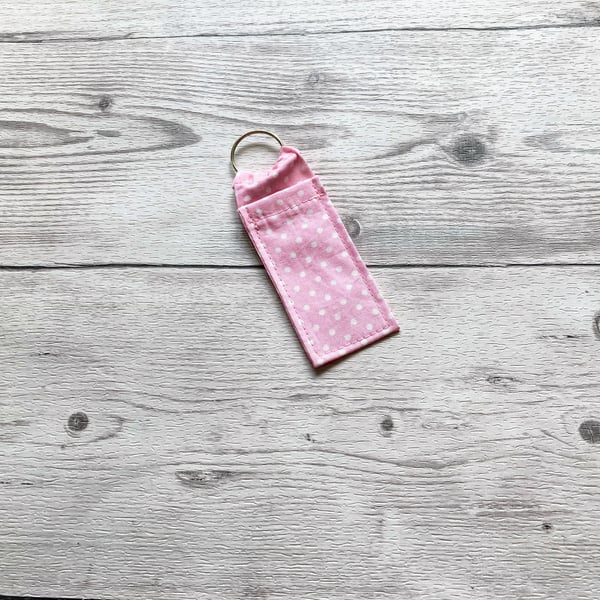 Lip balm cotton fabric keyring. Pink and white polka dot.