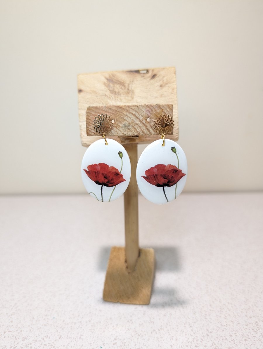 Oval poppy transfer polymer clay earrings gold plated stud 