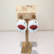 Oval poppy transfer polymer clay earrings gold plated stud 