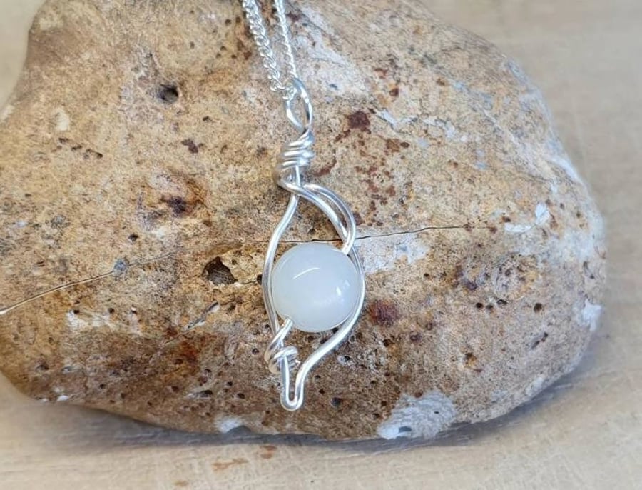 Small wire leaf Moonstone pendant. Wire wrapped necklace. June Birthstone.