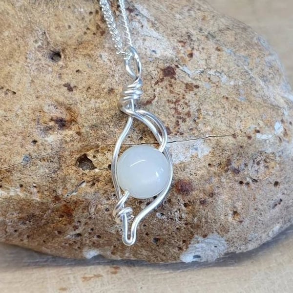 Small wire leaf Moonstone pendant. Wire wrapped necklace. June Birthstone.