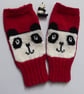 Panda Fingerless gloves , knitted red wool wrist warmers - Image 7