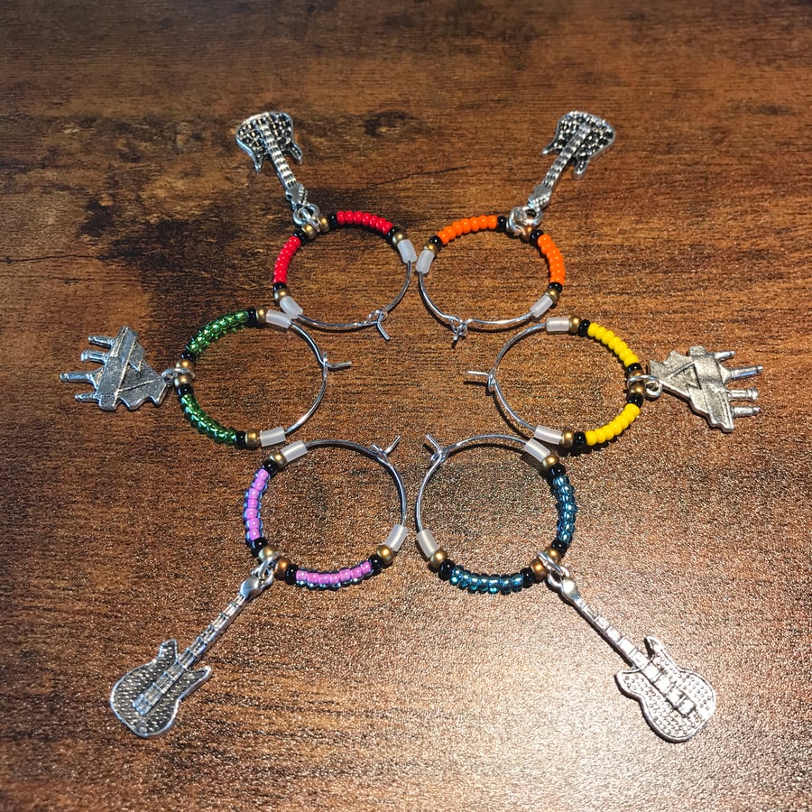 Set of Six Beaded Wine Glass Markers Silver Guitar Piano Bass Musician Charms