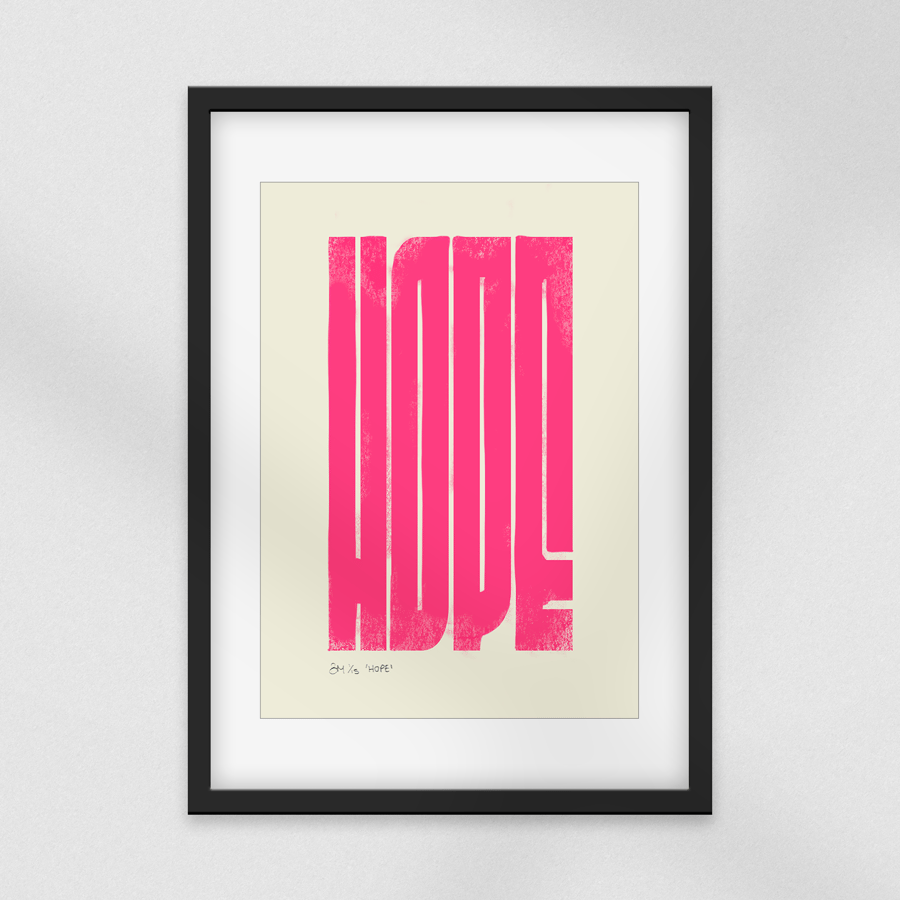 "Hope" Fluorescent Pink Linocut Print - Limited Edition Typography Art