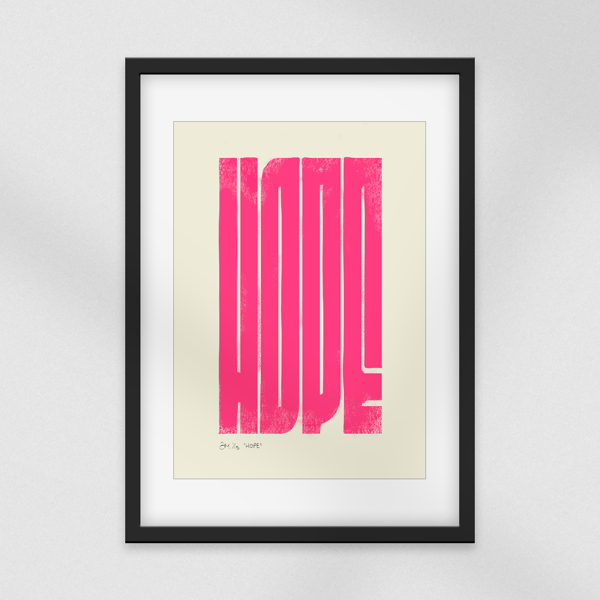 "Hope" Fluorescent Pink Linocut Print - Limited Edition Typography Art
