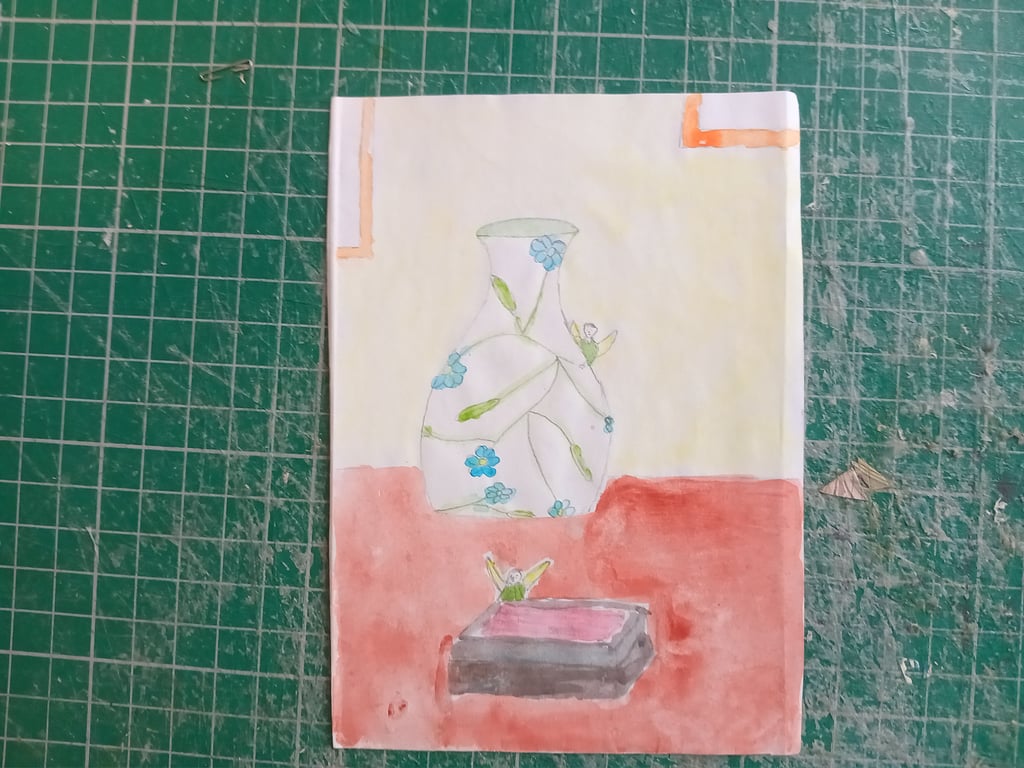 A6 watercolour painting illustration style naive art Fairies vase desk
