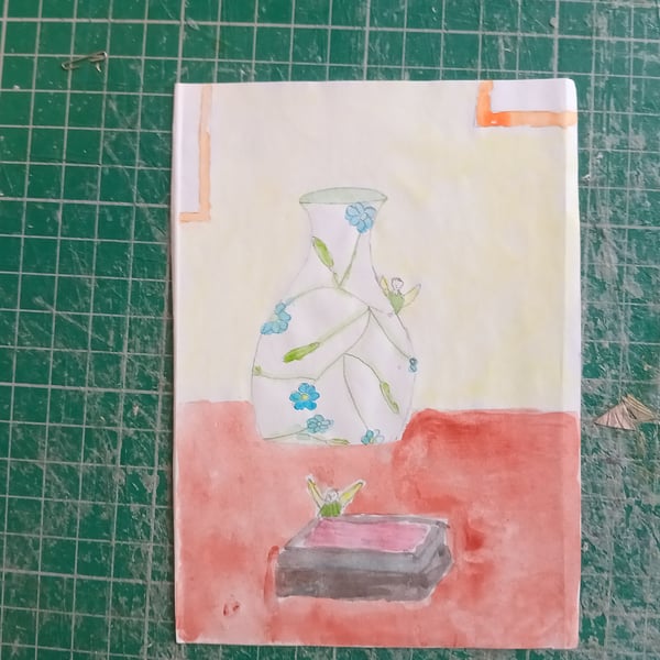 A6 watercolour painting illustration style naive art Fairies vase desk