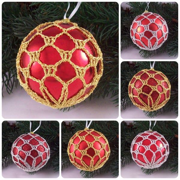 Christmas baubles boxed set of 6 large decorated with crochet lace (A33)