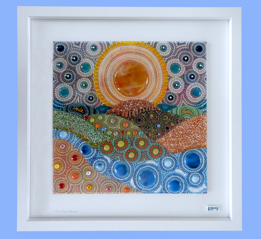 Handmade Fused Glass 'Twa Hares' Picture.