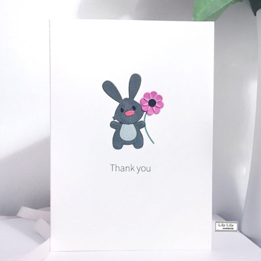 Thank you card, Rabbit with flower design, Handmade by Lily Lily Handmade 