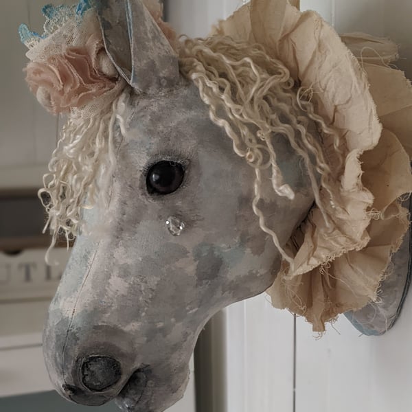 Handmade blue horse faux taxidermy wallhanging