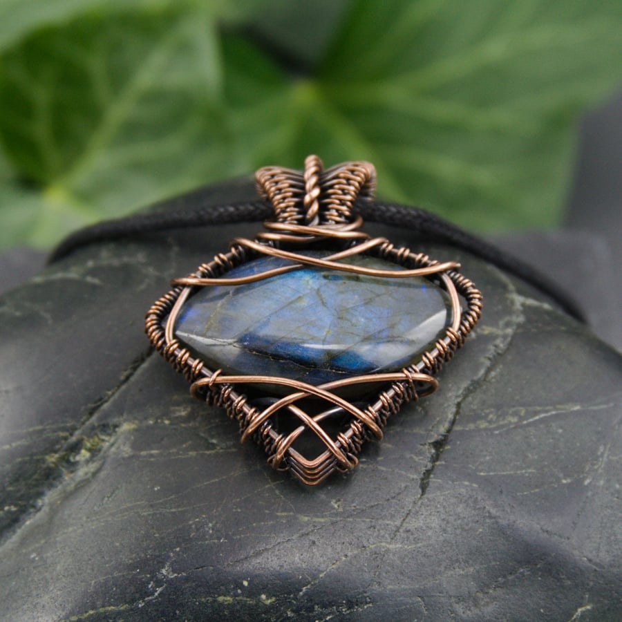 Copper Wire Wrapped Pendant - Blue Labradorite Wire Weave Pendant Necklace