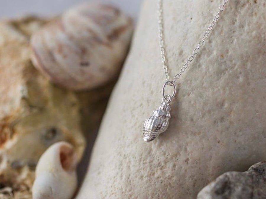 Silver Dainty Shell Necklace, Fine Silver Whelk Shell Pendant