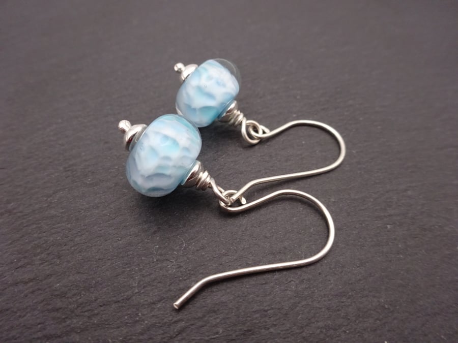 blue speckled lampwork glass earrings, sterling silver jewellery