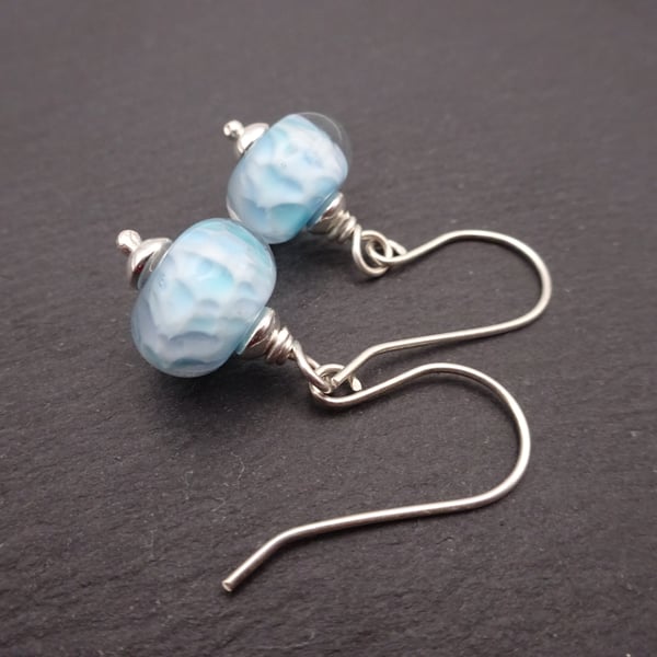 blue speckled lampwork glass earrings, sterling silver jewellery