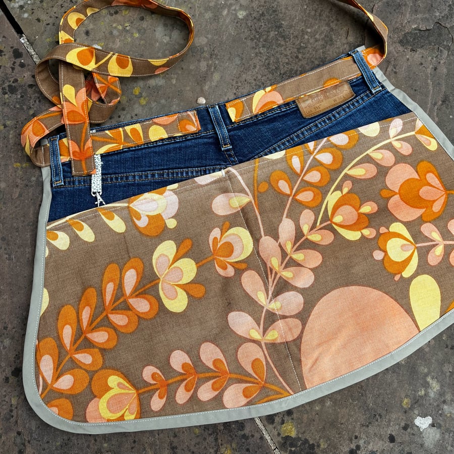 Garden apron reclaimed retro fabric and denim with pockets