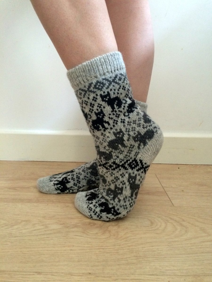 Light Grey Wool Knitted Socks with Cats Cat Pattern Unique Fun Fair Isle