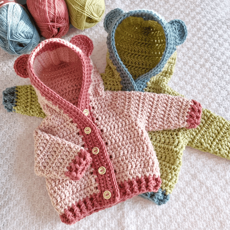 Crochet Teddy Bear Baby Cardigan with Hood & Ears – Newborn to 4 Years
